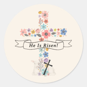 Watercolor Bloemkruis Hij Is Opgestaan Pasen Ronde Sticker