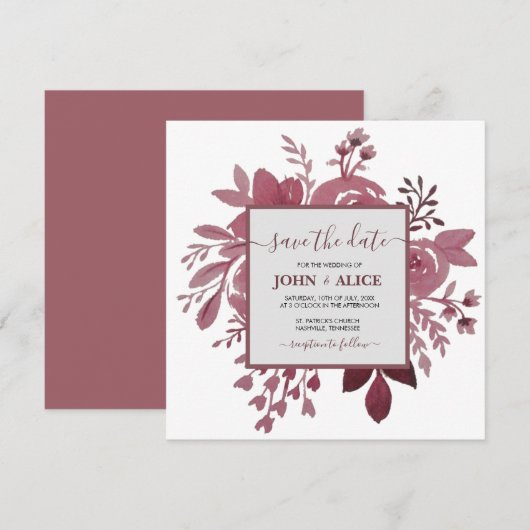 Watercolor Bloemrijke Bourgondische Trouw Save the Kaart (Voorkant / Achterkant)