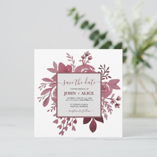 Watercolor Bloemrijke Bourgondische Trouw Save the Kaart (Staand voorkant)