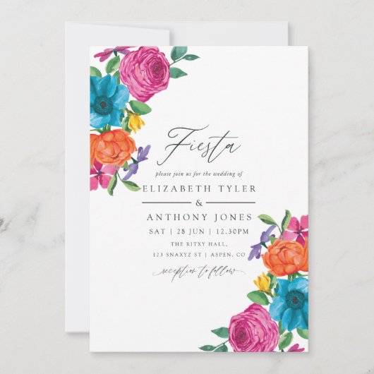 Watercolor Bloemrijke Fiesta Bruiloft Kaart (Voorkant)