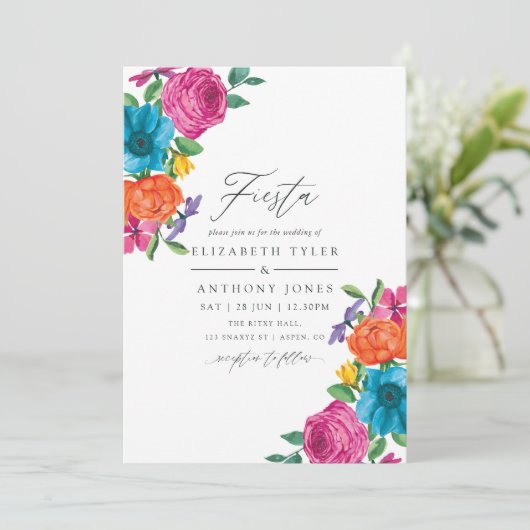 Watercolor Bloemrijke Fiesta Bruiloft Kaart (Staand voorkant)