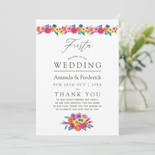 Watercolor Bloemrijke Fiesta Bruiloft Programmakaart (Staand voorkant)