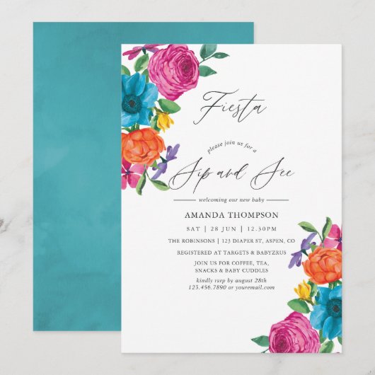 Watercolor Bloemrijke Fiesta Drinken en Kijken Kaart (Voorkant / Achterkant)