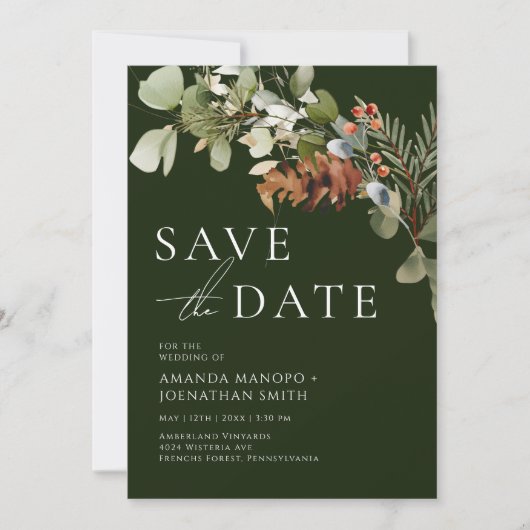 Watercolor Bloemstukken Groene Trouwdag Save The Date (Voorkant)