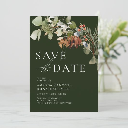 Watercolor Bloemstukken Groene Trouwdag Save The Date (Staand voorkant)