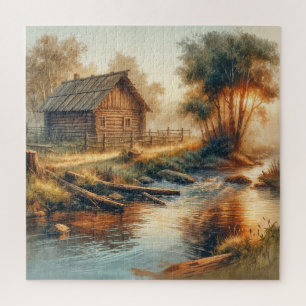 Watercolor blokhut in ochtendmist legpuzzel