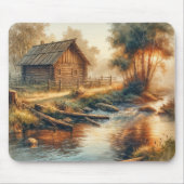 Watercolor blokhut in ochtendmist muismat (Voorkant)