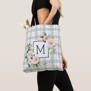 Watercolor Bloom   Pastel Plaid Monogram Tote Bag