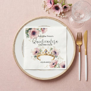 Watercolor Blozende Anemonen Gouden Tiara Quinceañ Servet