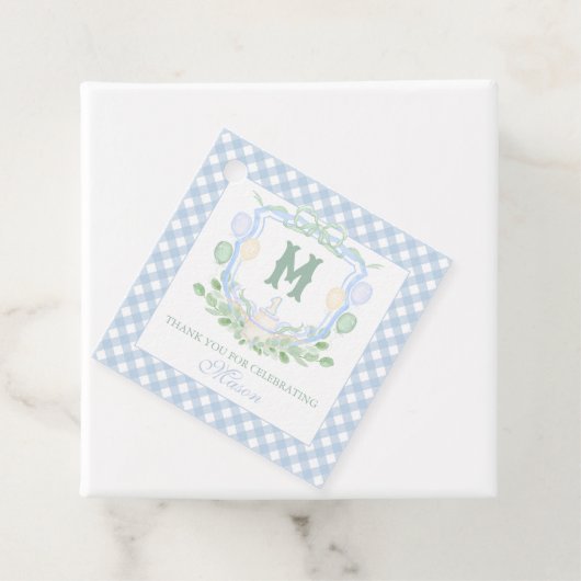 Watercolor Blue 1st Birthday Monogram Crest Gift Bedankjes Labels (In situ)