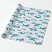 Watercolor Blue Airplane Nursery Design, Soft Sky  Cadeaupapier (Uitgerold)