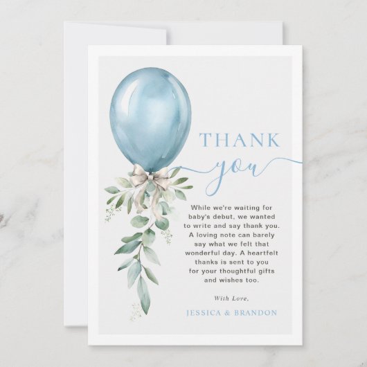 Watercolor Blue Balloon Bow Greenery Baby Shower Bedankkaart (Voorkant)