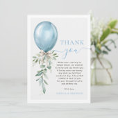 Watercolor Blue Balloon Bow Greenery Baby Shower Bedankkaart (Staand voorkant)