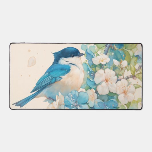 Watercolor Blue Bird Spring Blossom Bureaumat (Voorkant)