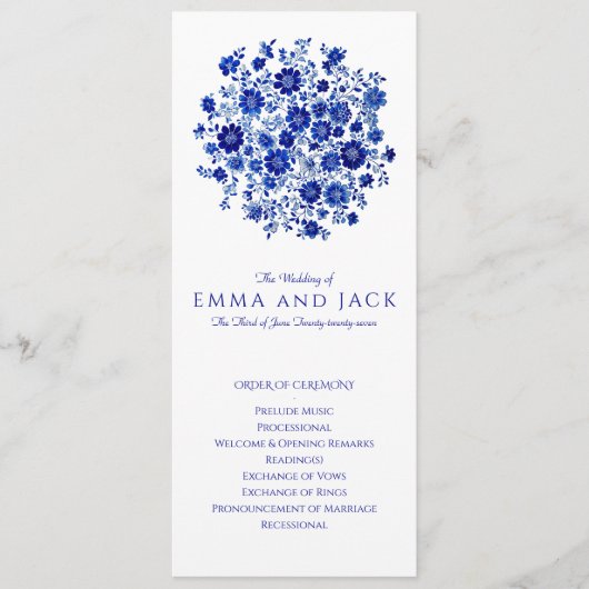 Watercolor Blue Bouquet Wedding Order of Ceremony Programmakaart (Voorkant)