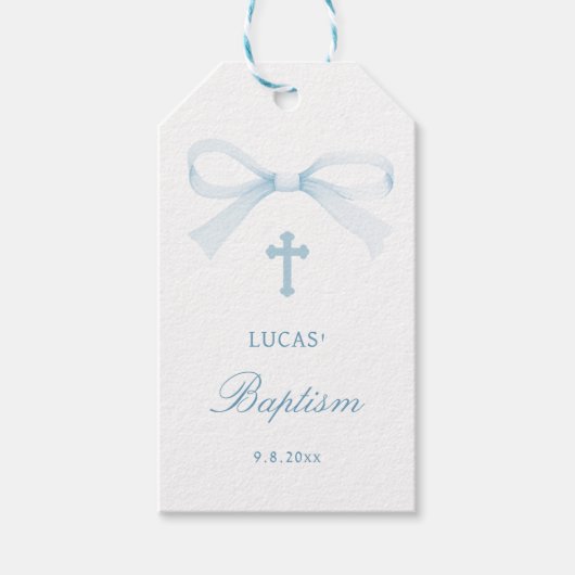 Watercolor Blue Bow Baptism Cadeaulabel (Voorkant)