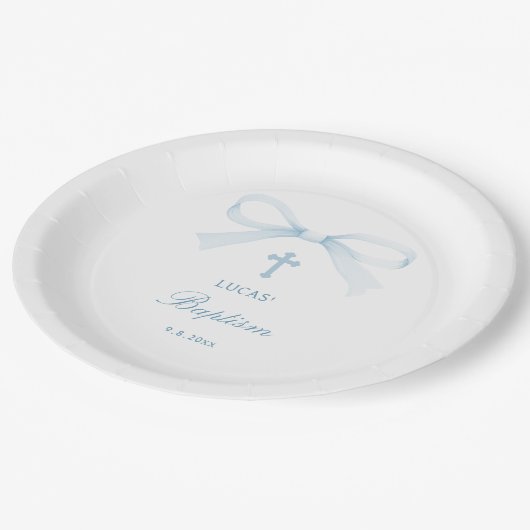 Watercolor Blue Bow Baptism Papieren Bordje (Gekanteld)