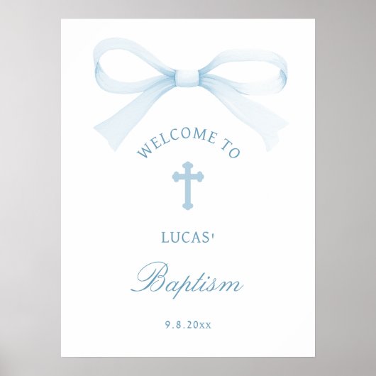 Watercolor Blue Bow Baptism Welcome Poster (Voorkant)