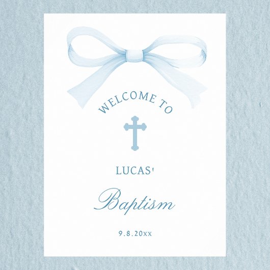 Watercolor Blue Bow Baptism Welcome Poster