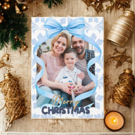 Watercolor Blue Bow Bells Vintage Christmas Photo  Feestdagenkaart