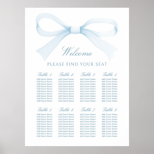 Watercolor Blue Bow Seating Chart Poster (Voorkant)