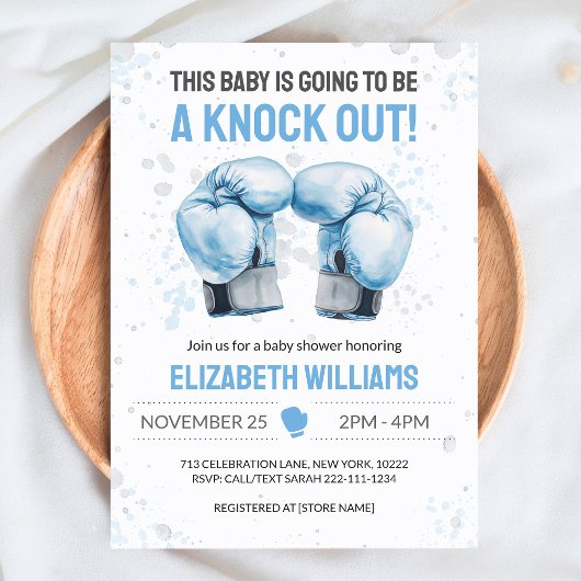 Watercolor Blue Boxing Baby Boy Shower Invitation Kaart