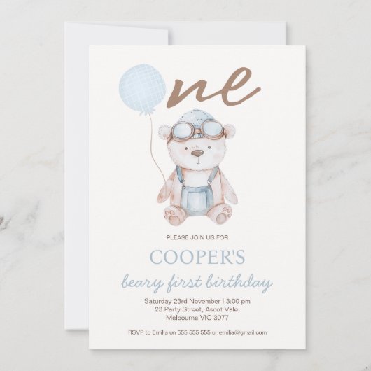 Watercolor Blue Brown Beary First Birthday  Kaart (Voorkant)
