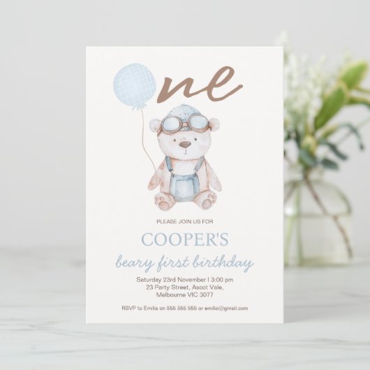 Watercolor Blue Brown Beary First Birthday  Kaart (Staand voorkant)