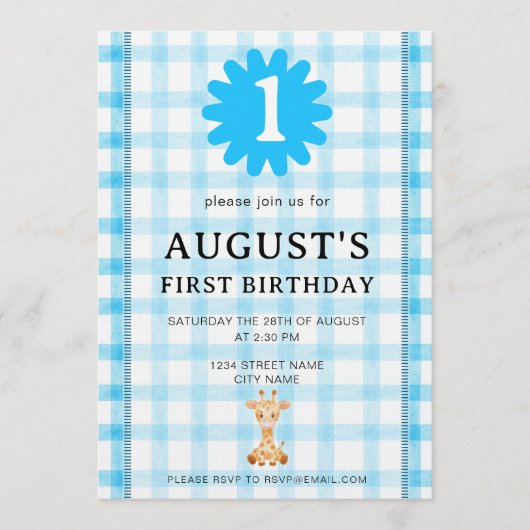 Watercolor Blue Check Koala Birthday Invitation Kaart (Voorkant)