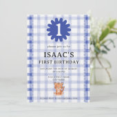 Watercolor Blue Check Tiger Birthday Invitation Kaart (Staand voorkant)