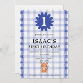 Watercolor Blue Check Tiger Birthday Invitation Kaart (Voorkant / Achterkant)