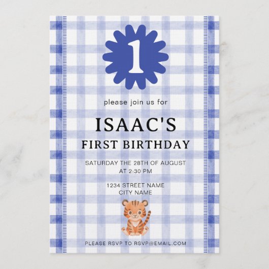 Watercolor Blue Check Tiger Birthday Invitation Kaart (Voorkant)