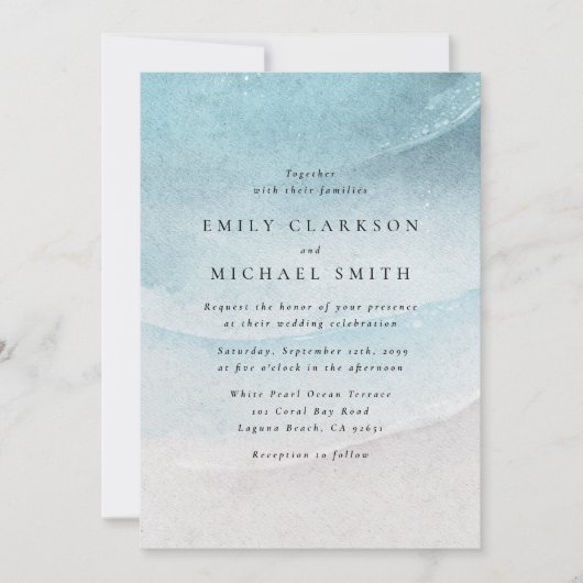 Watercolor Blue Coastal Beach Wedding Invitation Aankondiging (Voorkant)