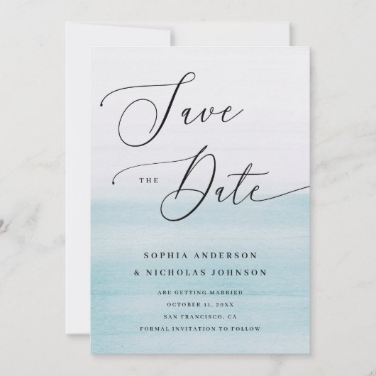 Watercolor Blue Coastal Wedding | Romantic Beach Save The Date (Voorkant)