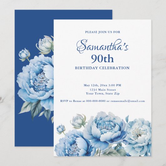 Watercolor Blue Floral 90th Birthday Party Kaart (Voorkant / Achterkant)