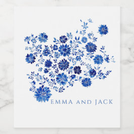 Watercolor Blue Floral Bouquet Wedding Wijn Etiket