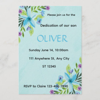 ​Watercolor Blue Floral  Boy Dedication Invitation Kaart