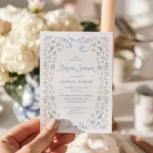Watercolor Blue Floral Bridal Brunch Bow Invitatio Kaart