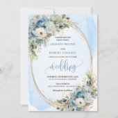 Watercolor Blue Floral Gold Frame Wedding Invite Kaart (Voorkant)