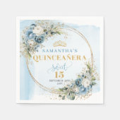 Watercolor Blue Floral Gold Quinceañera Napkins Servet (Voorkant)