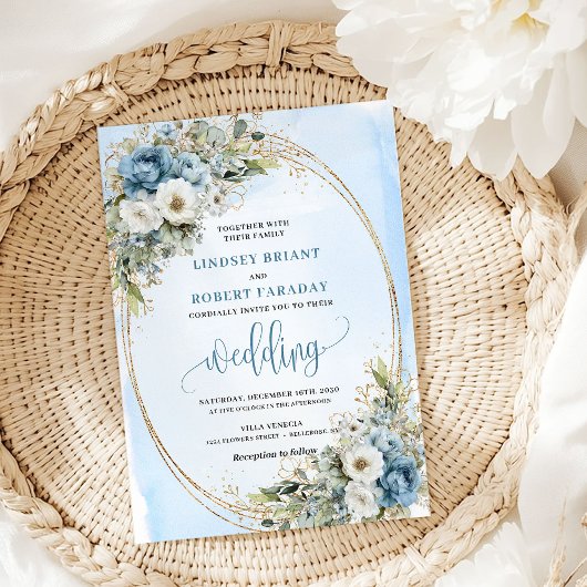 Watercolor Blue Floral Greenery Gold Wedding Invit Kaart