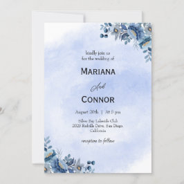 Watercolor Blue Floral Wedding Invitation Kaart