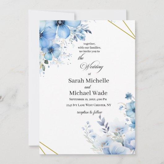 Watercolor blue floral Wedding Invitation Kaart (Voorkant)