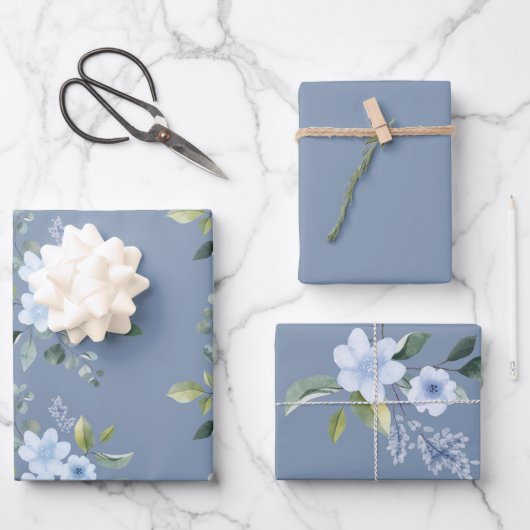 Watercolor Blue Floral Wedding Wrapping Paper  (Voorkant)