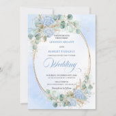 Watercolor Blue Floral Wheat Gold Wedding Invites Kaart (Voorkant)