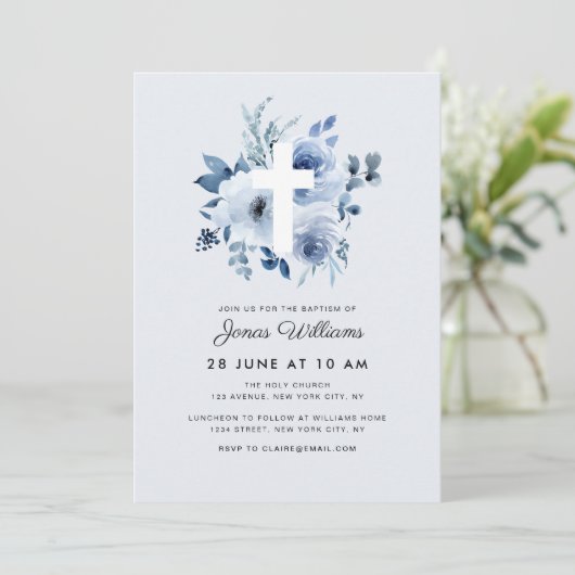 Watercolor blue florals Baptism invitation Kaart (Staand voorkant)