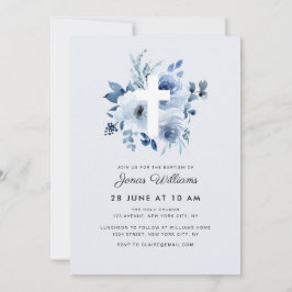 Watercolor blue florals Baptism invitation Kaart