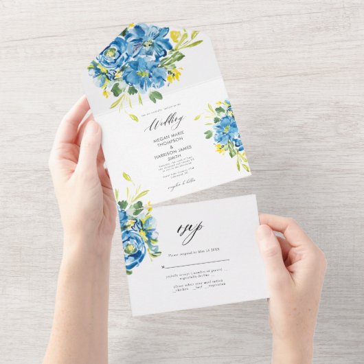Watercolor Blue Flower Wedding Invitation All In One Uitnodiging (Afscheurbaar)