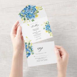 Watercolor Blue Flower Wedding Invitation All In One Uitnodiging