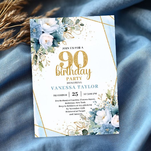 Watercolor Blue Flowers 90th Birthday Elegant  Kaart